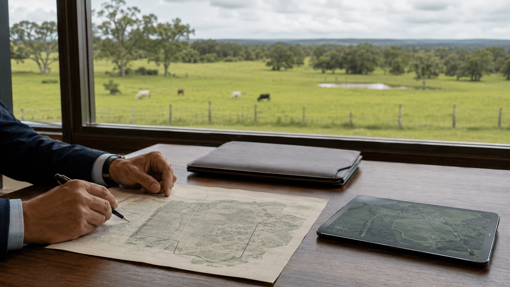 Professional reviewing the legal and geographic information of a Brazilian rural property