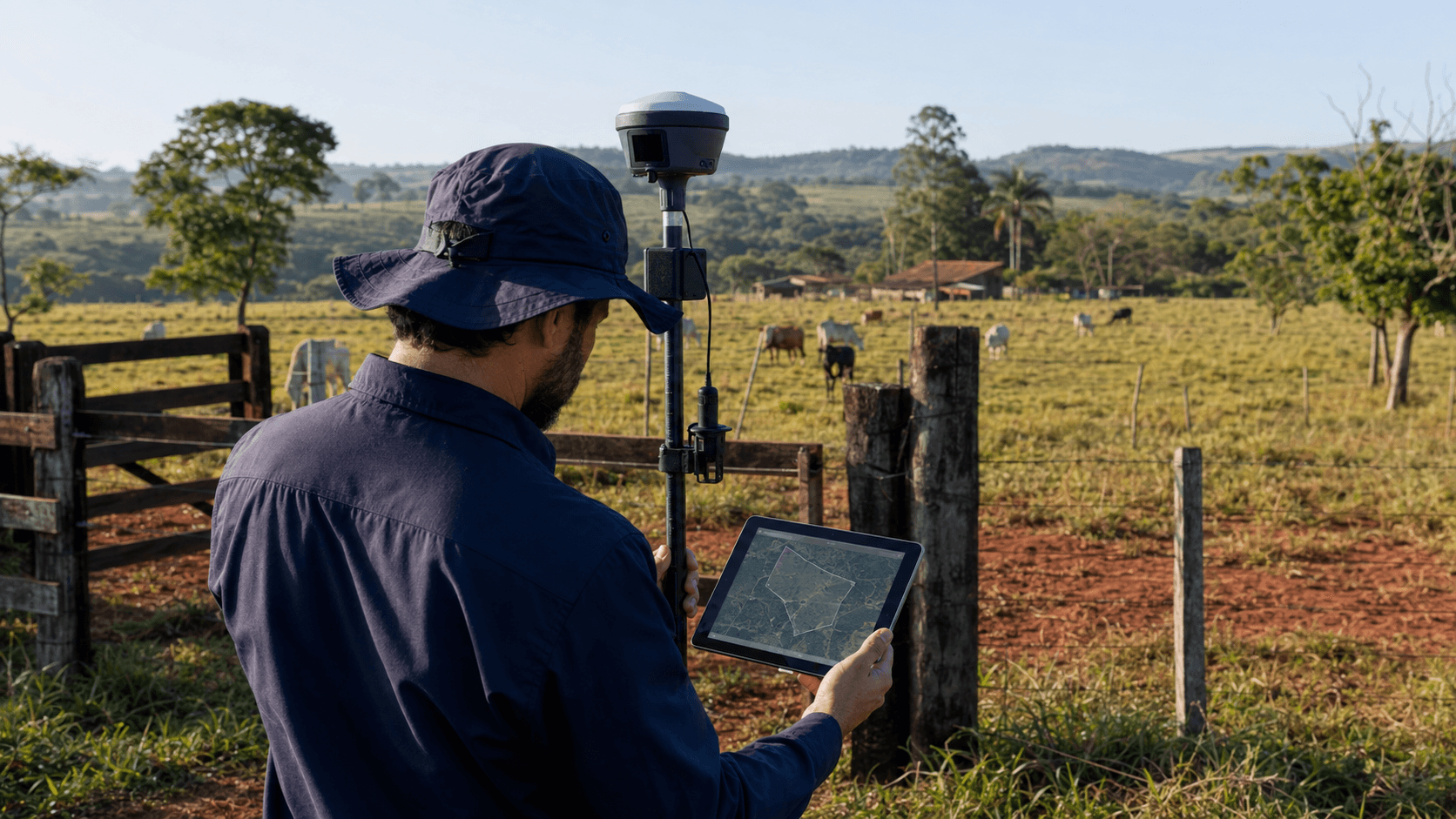 Surveyor performing geospatial verification on a Brazilian cattle property