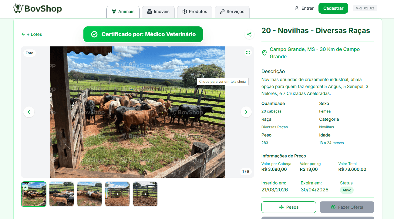 Página de anúncio do BovShop mostrando animais, certificação, preço e informações produtivas
