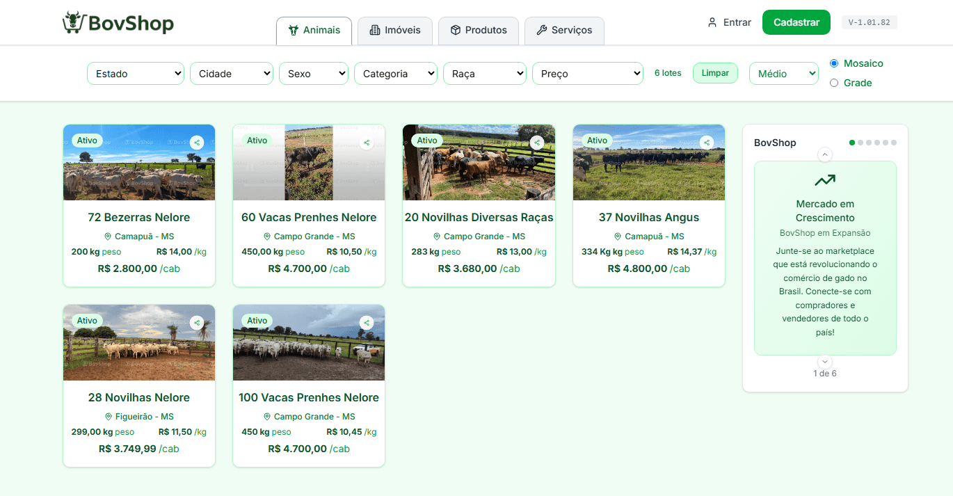 Marketplace BovShop mostrando diferentes lotes de animais disponíveis para venda