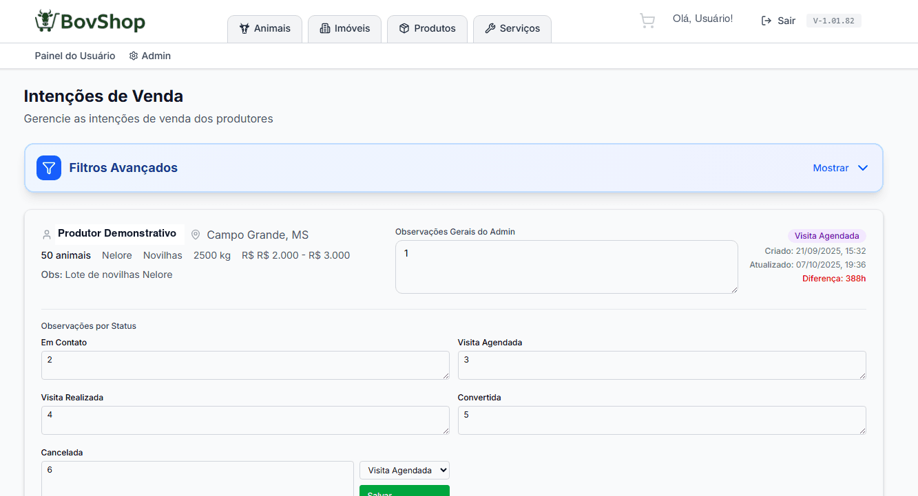 BovShop sales-management screen showing the cattle-sale pipeline