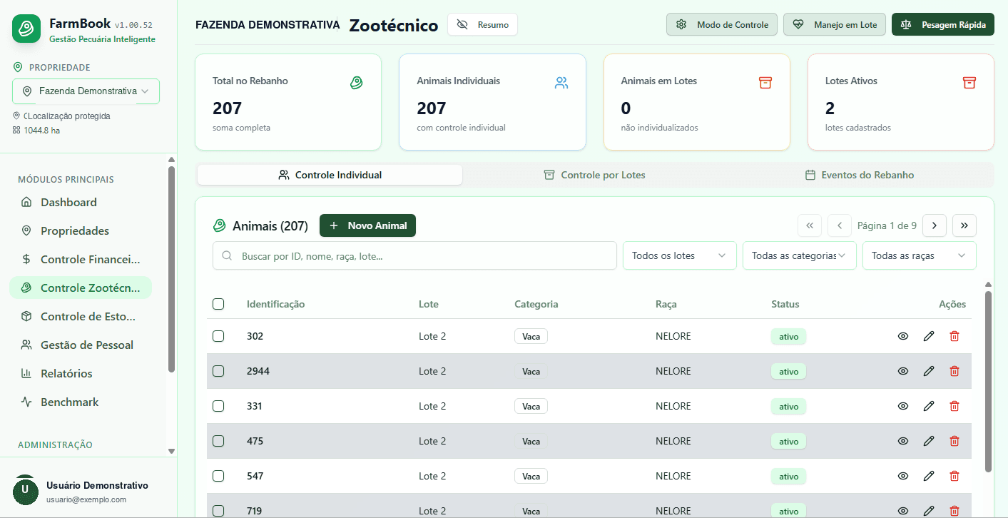 Tela de gestão zootécnica do FarmBook com registros individuais dos animais