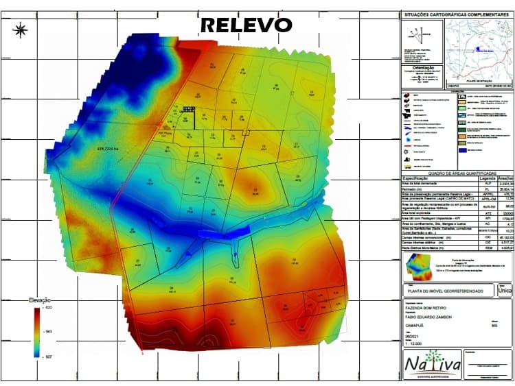 Elevation and relief map of the property with a color-graded topographic gradient.