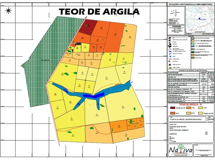 Mapa de teor de argila do solo da propriedade graduado pelo percentual de argila.