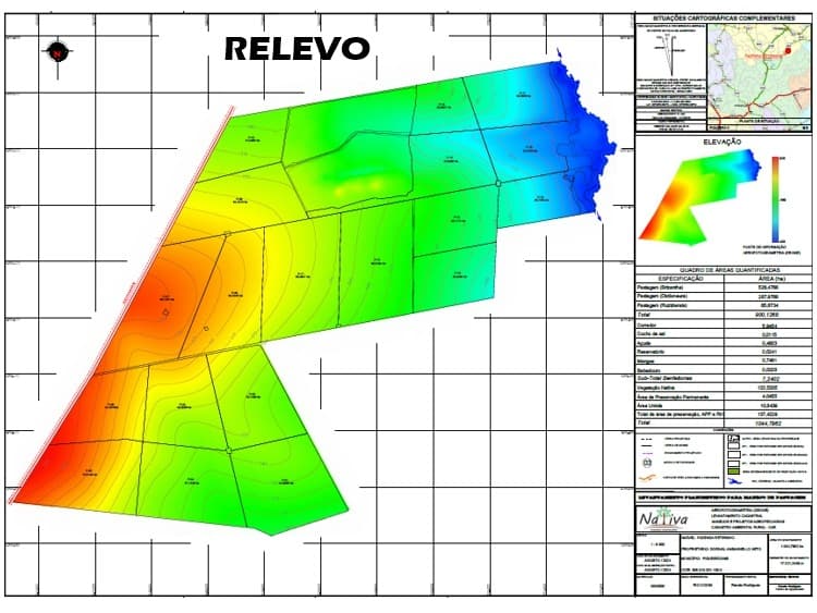 Elevation and relief map of the property used for drainage and road planning.