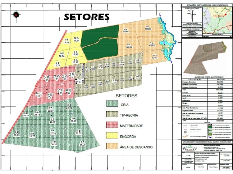 Production sector layout map dividing the property into breeding, growing, maternity, fattening and rest areas.