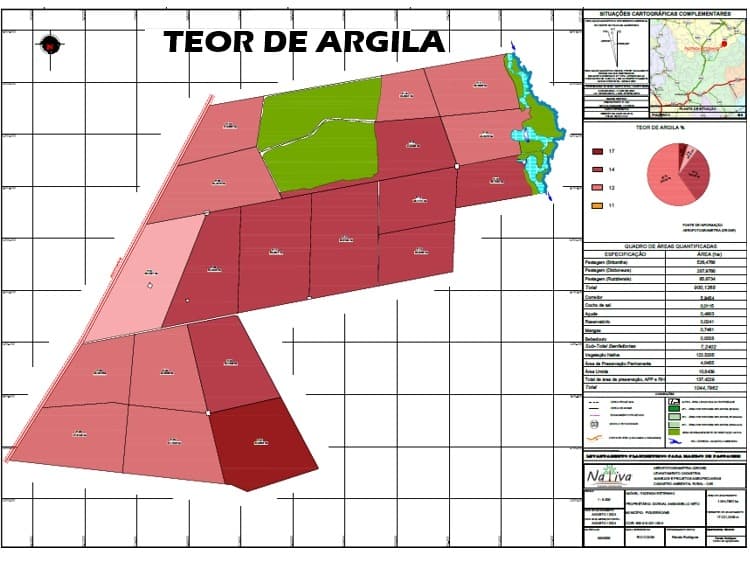 Mapa de teor de argila do solo da propriedade utilizado para orientar o manejo do solo.